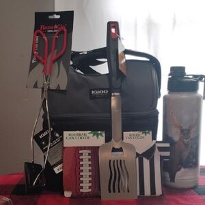 Igloo Black Cooler with BBQ Tools and Football Accessories